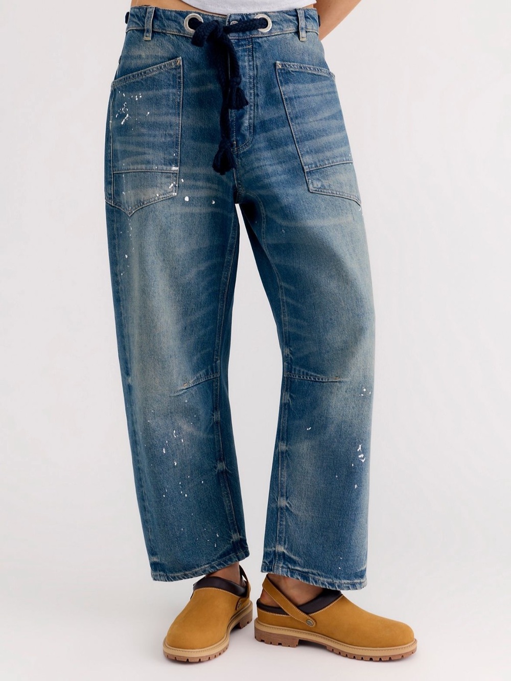 Free People We The Free Moxie Barrel Jeans Blue Paint Splatter Size 28 NWT Boho - Picture 3 of 13